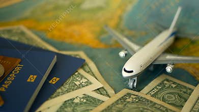 Time to travel concept. Tropical vacation theme with world map, blue passport and plane. Preparing for holliday, journey