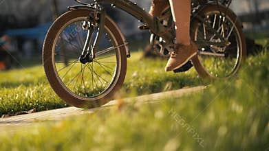 Red haired woman sitting on bicycle lying on grass in city park. Woman bike park