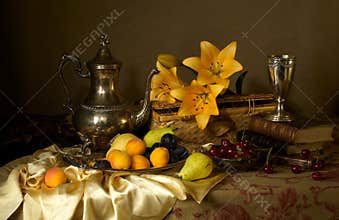 Books, fruits and flowers