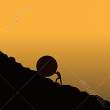 Businessman pushing large stone up to hill, Business heavy tasks