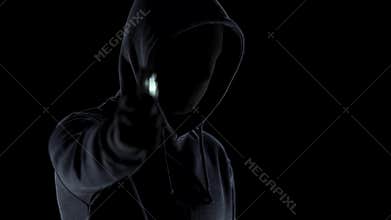 Cruel killer in black clothes shooting witness with pistol, contract murder