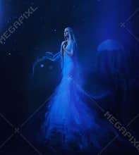 A white mermaid, with very long and blue hair floating under the water. An unusual image, the tail of a jellyfish