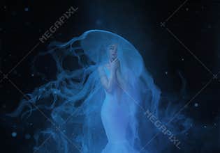 A white mermaid, with very long and blue hair floating under the water. An unusual image, the tail of a jellyfish