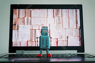 Robots with books screen, big data and deep learning concept