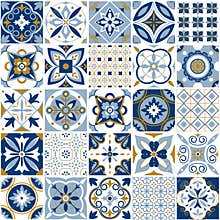 Moroccan pattern. Decor tile texture with blue ornament. Traditional arabic and indian pottery tiling seamless patterns