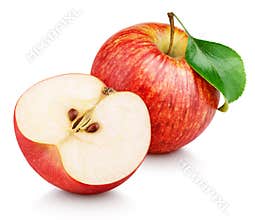 Red apple fruit with half and green leaf isolated on white