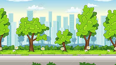 Cartoon cityscape with street and trees