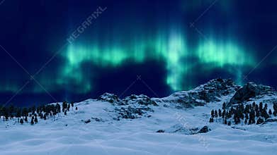 Aurora Borealis in night sky over winter landscape
