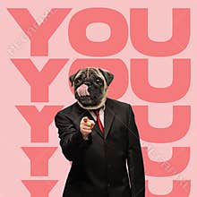 Contemporary art collage of man in black official suit with dog, pug head isolated over pink background with lettering
