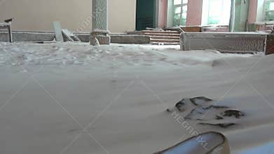 Ruined uninhabited house of culture in an abandoned deserted city Coal Mines.