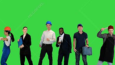Crowd or group of different people dancing on a green screen, chroma key.