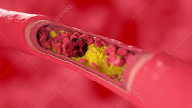a blood clot clogs a vessel affected by a cholesterol plaque cross section view.