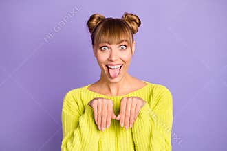 Close-up portrait of lovely funky cheerful girl grimacing fooling like dog having fun isolated over violet color