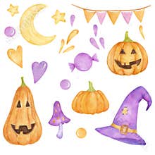 Set of hand drawn watercolor Halloween clip art