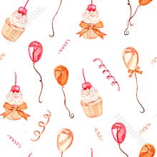 Pattern made from a set of watercolor vintage illustrations on the theme of birthday. Cupcake, balloons, confetti