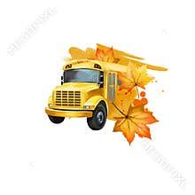 Back to school digital art illustration. Beginning of studying year. Hand drawn american yellow school bus vehicle with