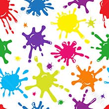 Bright colorful abstract splatter blots. Seamless vector pattern on a white background.