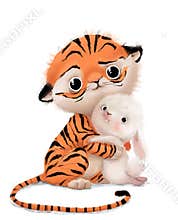 cute cartoon characters - tiger and rabbit hugging