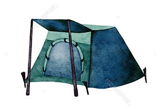 Hand drawn watercolor illustration with camping tent isolated on white backgroun