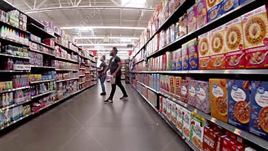 Walmart Supercenter retail store interior workers not wearing face masks and customers cereal aisle