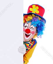 Happy clown with the blank board