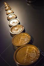 Queen Elizabeth`s third set of Exchequer standard avoirdupois weights displayed at Science Museum in London