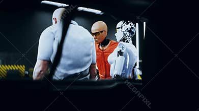 Robot crash test dummy and man. Future concept. Realistic 4k animation.