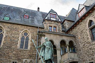 Statue   I, Graf Adolf von Berg in front medieval Schloss Burg, Castle Burg, Solingen, Germany