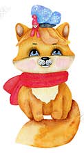 Watercolor illustration, a red fox cub with a red scarf, a cute butterfly in a hat on his head, an image on a white