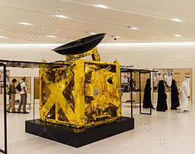 Dubai, UAE - 02.11.2022 - Expo 2020, inside of an UAE pavilion. Replica of a hope mars probe on display. Event