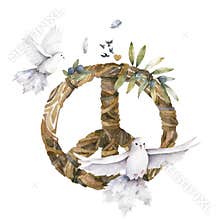 dove and olive branch, peace sign, watercolor illustration, watercolor bird, dove of peace flies, no war, love, olives