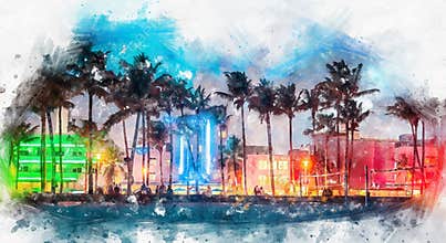 Watercolor painting illustration of Ocean Drive hotels and restaurants at sunset. City skyline with palm trees at night