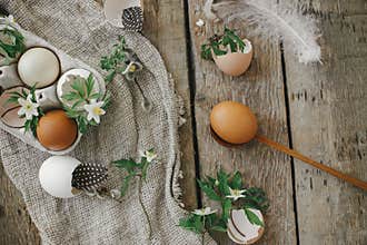 Easter rustic still life. Natural easter eggs, blooming spring flowers, feathers, burlap and spoon on rural wooden table. Happy