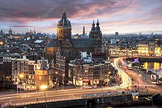 Amsterdam Twilight Cityscape sunset in motion