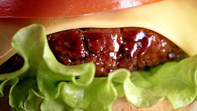 Close-up view of veggie burger with plant-based meat cutlet. Soybean fake patty, gluten free, non-meat vegetarian and