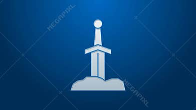 White line Sword in the stone icon isolated on blue background. Excalibur the sword in the stone from the Arthurian