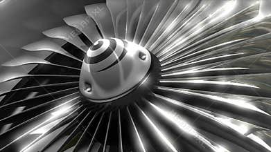 Close up turbine engine front fan, engineering, jet.