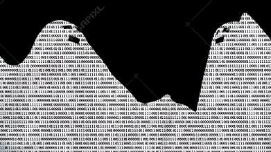 Cast couple in digital binary code silhouette on black background. Programming code ghost on black screen. Information