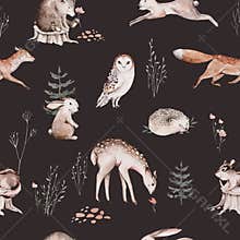 Watercolor Woodland animal Scandinavian seamless pattern. Fabric wallpaper background with Owl, hedgehog, fox and