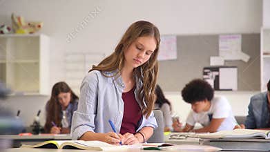 Happy smiling student girl studying in classroom
