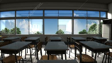 An empty classroom during summer.