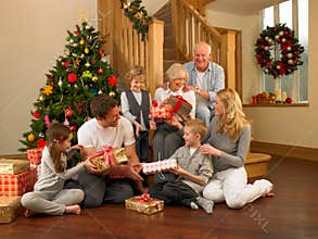 Family exchanging gifts in front of Christmas tree