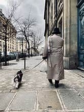 Backshot of a lonely old male walking on the street with the dog, the city in autumn