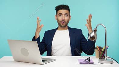 Who? Me? Extremely surprised man cant believe in his work promotion, looking at camera with shock and amazement