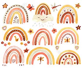Watercolor clipart with cute boho rainbows