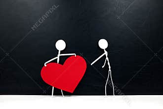 Stick man holding big red heart shape while giving to other people. Share love and kindness, give hope, helping others concept.