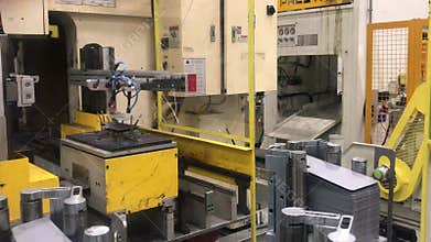 Factory technology. Steel metal production with robot machine on automotive manufacture plant. Industry technology. Industrial mac