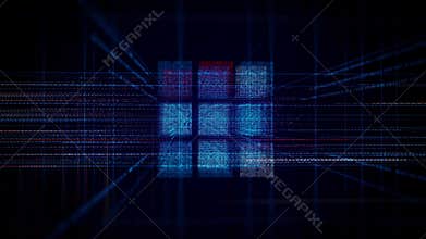 Computer projection of cube from laser lines. Animation. Laser projection of cube in cyberspace on black background. 3D