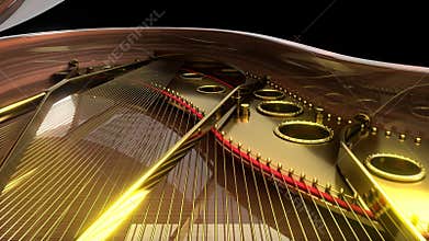 Camera moving under open lid of classic grand piano stop in front of piano keys