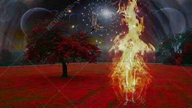 Burning skeleton in surreal landscape